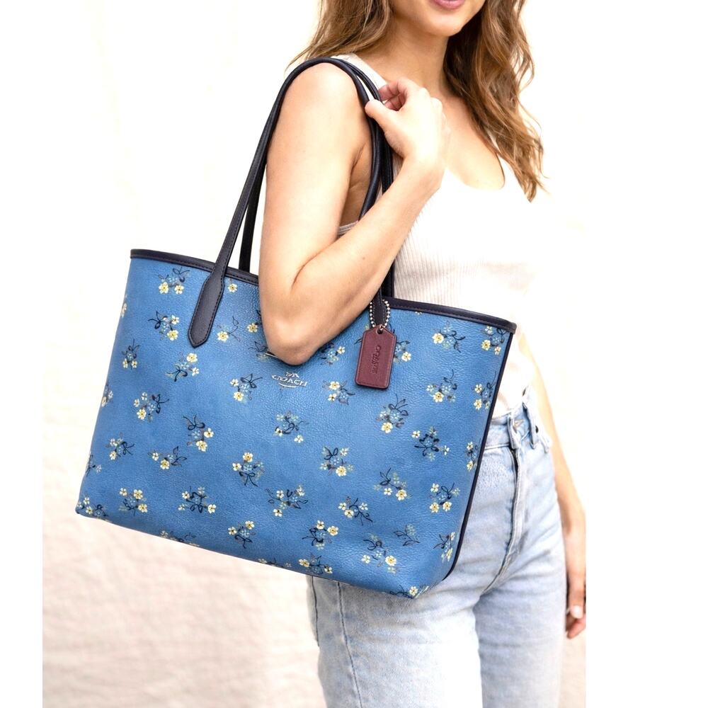 Coach City Tote Blue Multi Floral Bow Print w/ Matching Slim Wallet Set